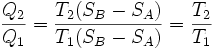 \frac{Q_2}{Q_1} = \frac{T_2 (S_B - S_A)}{T_1 (S_B - S_A)} = \frac{T_2}{T_1}